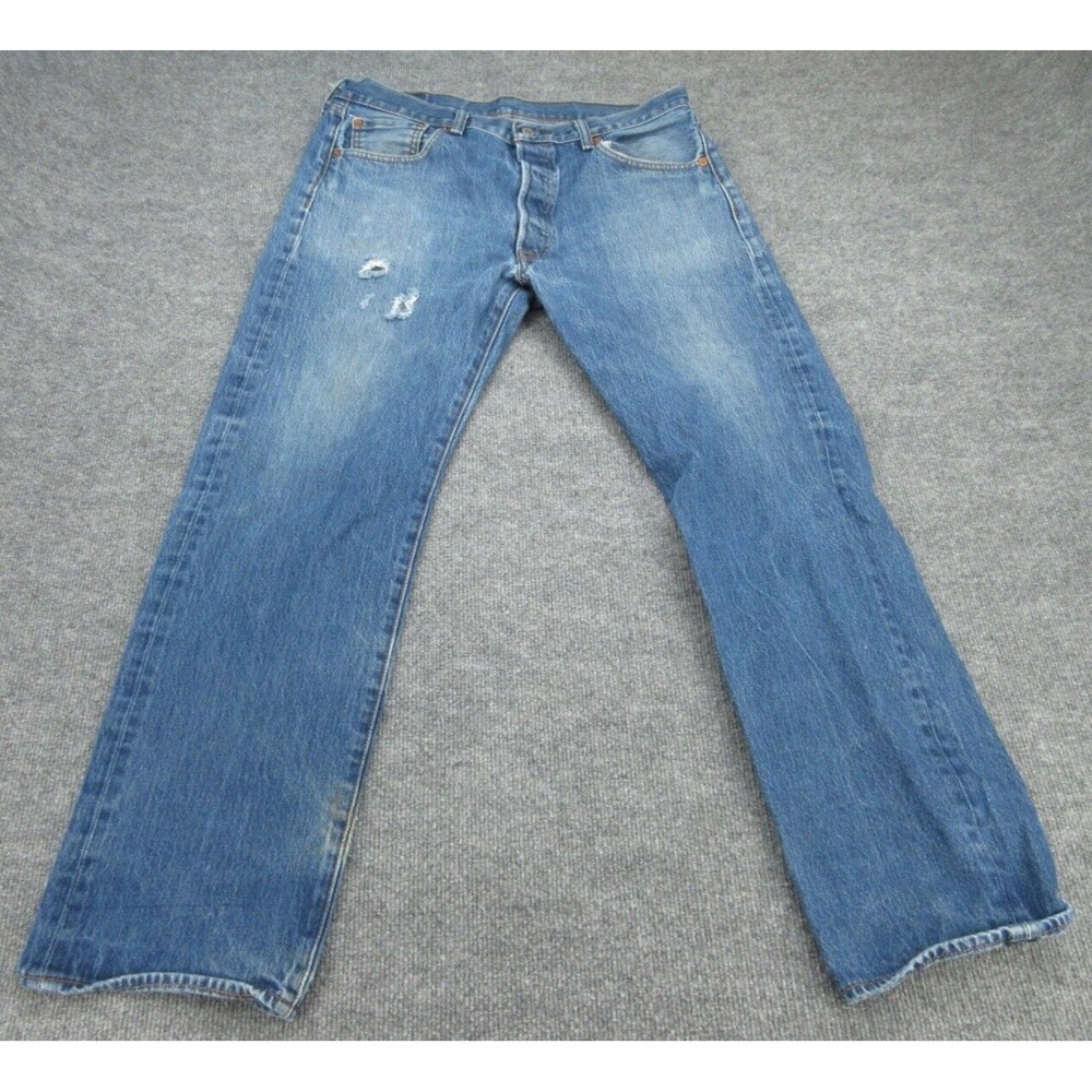 Levis Mens Jeans Straight Fit Blue Distressed Button Fly 501 36x32